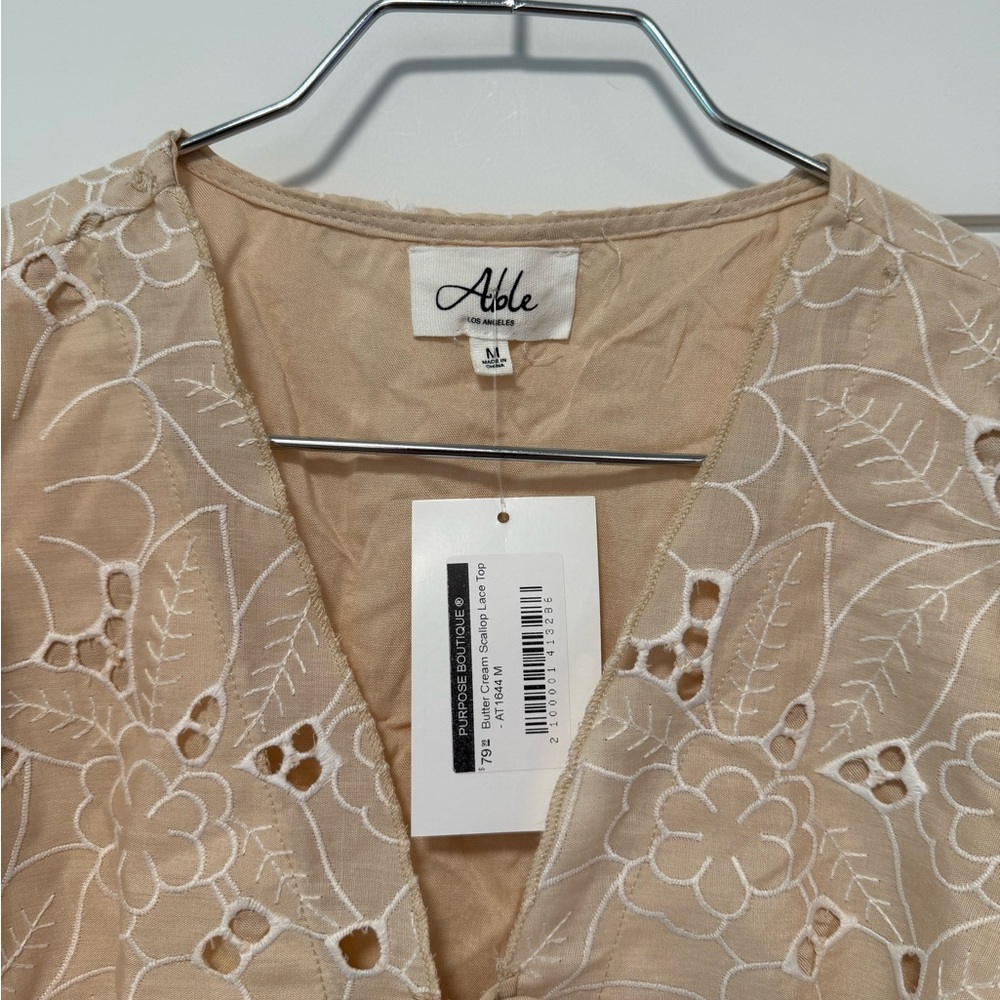 ABLE Cream Floral Tie Front Blouse Lace Boho Feminine Top Size M - Picture 5 of 6